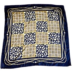 Silky Black Gold EU Geo Print Square Scarf Made in Italy Large Wrap 46" x 46"